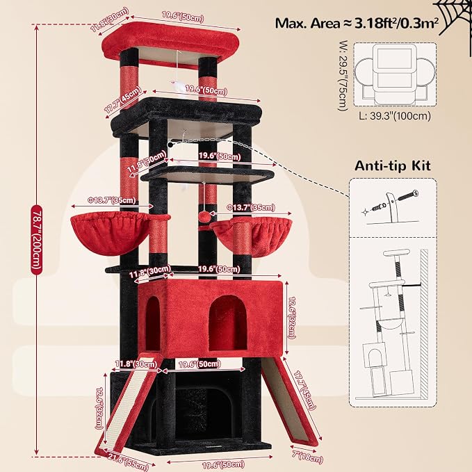 Globlazer Heavy Duty Cat Tree 78 inch Sturdy Gothic Cat Tower for 20lbs Large Adult Cats, Symmetrical Aesthetic Big Goth Cat Tree with Extra Large Platform, 2 Scratching Boards, Z78, Black Red