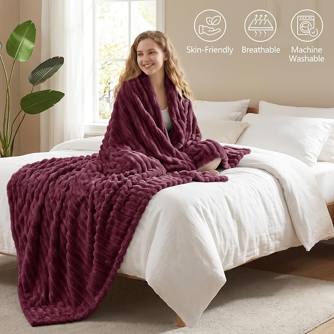 Burgundy Red Throw Blanket for Couch & Bed, 50 x 60 Inch | 300GSM Ribbed Fleece Blanket, Soft, Cozy & Lightweight, OEKO-TEX Certified, All-Season Use for Travel, Dorm & Home Decor