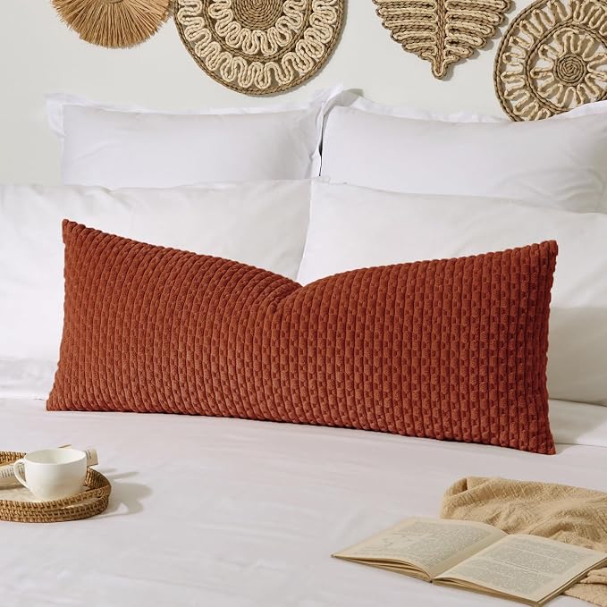 Kevin Textile Soft Corduroy 20"x54" Body Pillow Cover 1 Pack, Rust | Fall Boho Stripe Plush Corduroy Decorative Oblong Cushion Cover Modern Farmhouse Home Decor for Sofa Couch Bed Chair