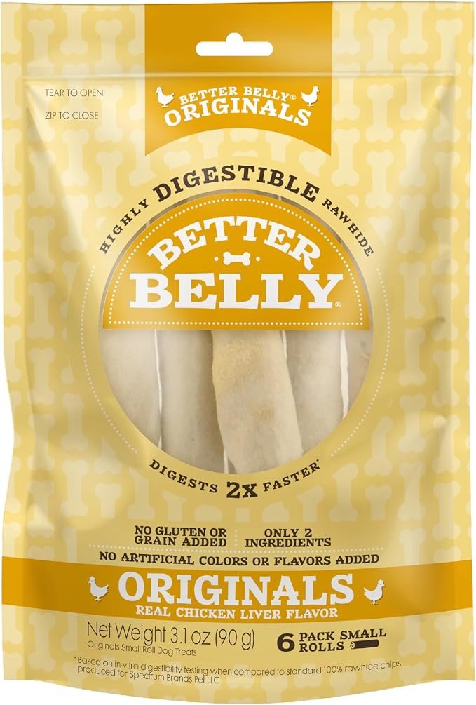 Better Belly Originals Small Roll Highly Digestible Dog Treats, 6 Count | With Real Chicken Liver Flavor, Long-Lasting Digestible Chew, No Grain Added, No Artificial Colors Or Flavors, For Adult Dogs
