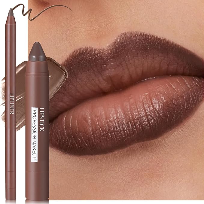 Brown Lip Liner Lipstick Set - Lip Combo Matte Lip Liner Pencil Long Lasting Gradient Lipstick for Women Easy to Use Crayon Cone Tip Smooth Creamy Texture Lip Contour Makeup Kit for Daily/Party