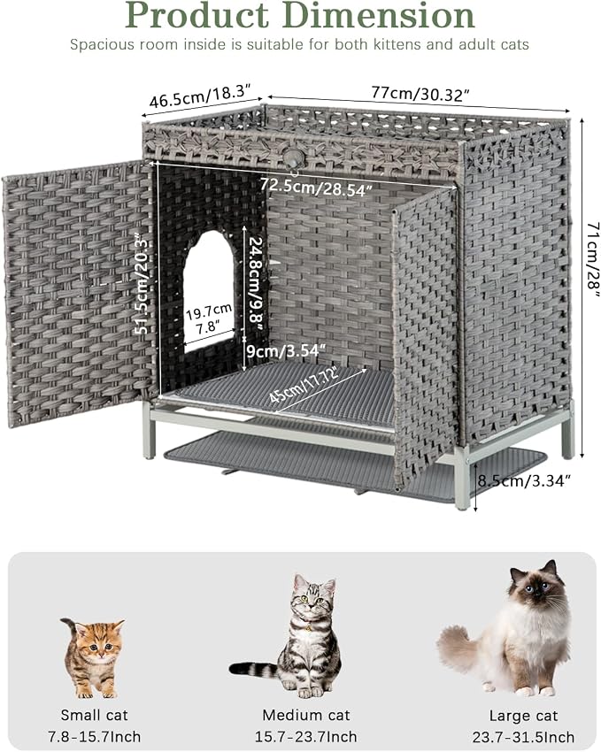 SETVSON Cat Litter Box Enclosure Furniture, Hidden Large Cat House, Gray | Handwoven PE Rattan with Litter Mat, Cat Washroom, Heightened Metal Feet, Double Doors for Easy Clean 30.3 x 18.3 x 28 In