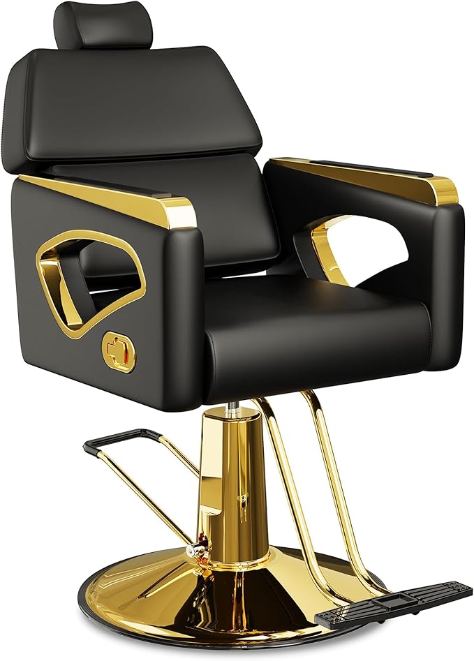 Baasha Modern Black & Gold Reclining Salon Chair - 135° Recline All Purpose Barber Chair with Headrest - Heavy Duty Hydraulic Styling Chair for Makeup, Lash, Shaving & Tattoo - 440 lbs Cap.