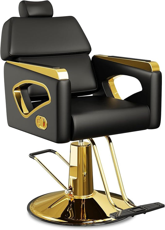 Baasha Modern Black & Gold Reclining Salon Chair - 135° Recline All Purpose Barber Chair with Headrest - Heavy Duty Hydraulic Styling Chair for Makeup, Lash, Shaving & Tattoo - 440 lbs Cap.