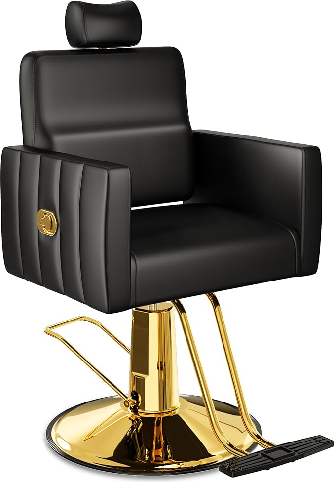 Baasha Reclining Gold Salon Chair with Adjustable Headrest, All-Purpose Hydraulic Styling Chair, Soft PU Leather, Heavy-Duty Steel Frame, 440 lbs Capacity, for Haircut, Braiding & Tattoo