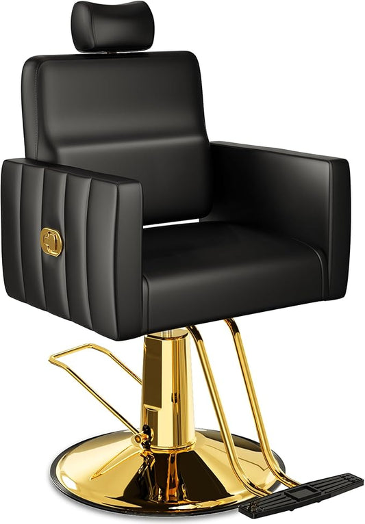 Baasha Reclining Gold Salon Chair with Adjustable Headrest, All-Purpose Hydraulic Styling Chair, Soft PU Leather, Heavy-Duty Steel Frame, 440 lbs Capacity, for Haircut, Braiding & Tattoo