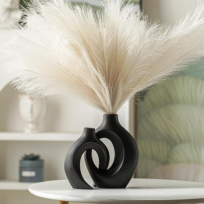 Lvases Snuggle Hollow Modern Ceramic Vase Set of 2 Nordic Pampas Grass Vase | Boho Aesthetic Decorative Vase for Home Decor coffee Table Centerpiece Living Room Book Shelf ( Matte Black W 6.3" X H 8.4" )