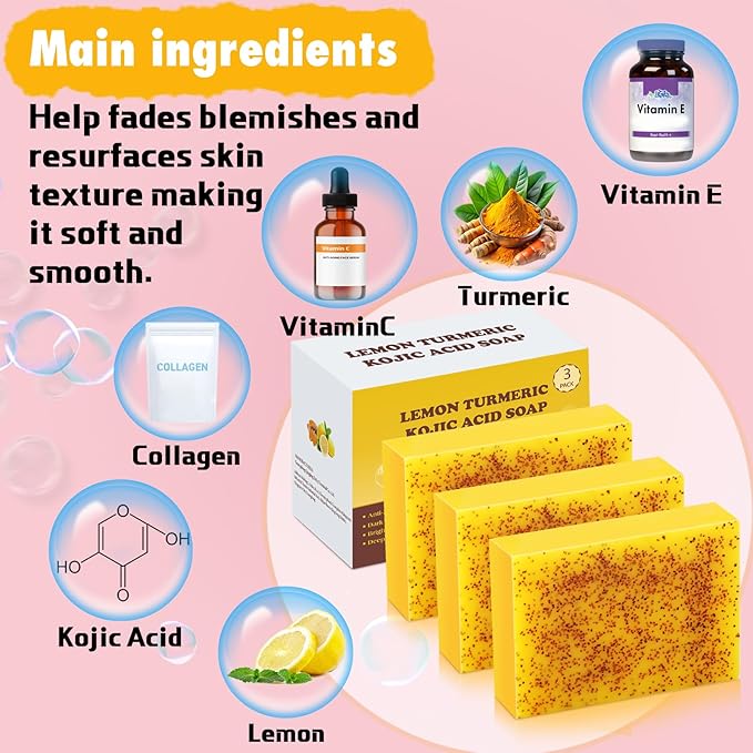 Kojic Soap Bar, Lemon Turmeric Soap Bar with Vitamin C for Dry Sensitive Skin, Turmeric Soap for Face, Body Hands 3 Bars