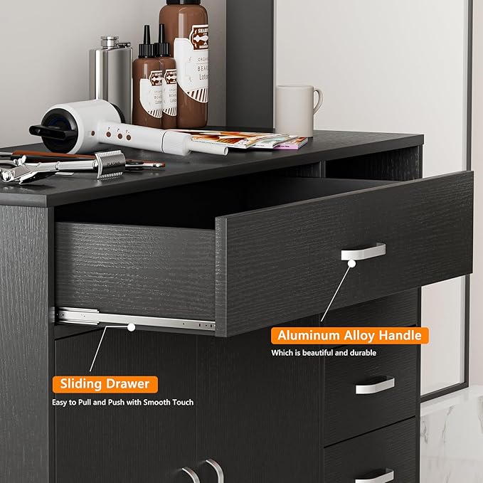 5-Drawers Salon Furniture Salon Storage Station, Free Standing Cabinet for Hair Stylist, Beauty Spa Furniture w/1 Large Capacity Cabinet & 1 Open Shelf, Spa Bathroom Equipment, Black
