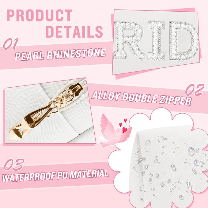 ChaoGreat Bride Gifts – Personalized Makeup Bag with Pearl Rhinestone Patch, Preppy White Monogram Cosmetic/Toiletry Pouch, bridesmaid Gifts, Bridal Shower Gifts, Wedding Gifts, Bridal Gifts,Bride