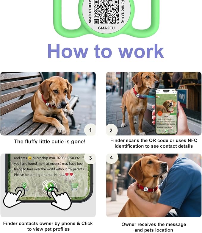 QR Code Dog Tag with NFC, Personalized Pet ID Tag, Silent Silicone Dog ID Tag, Modifiable Pet Online Profile, Multiple Emergency Contact, Scan QR Code Send Location Email (Regular, Green)