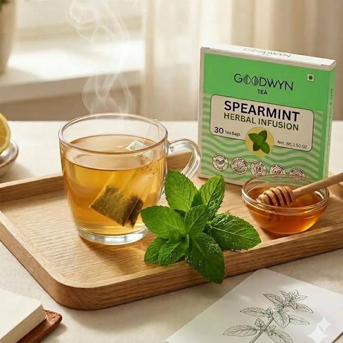 Goodwyn Spearmint Herbal Tea, 60 Tea Bags, Pure Spearmint Leaves, Caffeine Free, Plastic Free Bags, Refreshing Mint Infusion