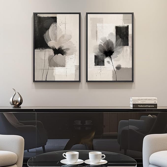 Framed Neutral Abstract Floral Wall Art for Bedroom, Set of 2 Black and Beige Minimalist Canvas Prints Paintings Artwork for Walls, Modern Elegant Pictures for Living Room Dining Room Wall Decor 16x24 In