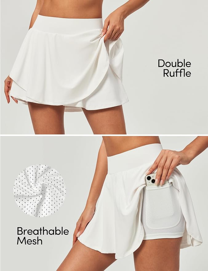 IUGA Tennis Skirt Pleated Skorts for Women with Pockets Skirts for Women | Double Ruffle Skort , Built-In Shorts, 2 Pockets, Tummy Control Breathable, Quick-dry, for Golf, Athletic, Running, Workout