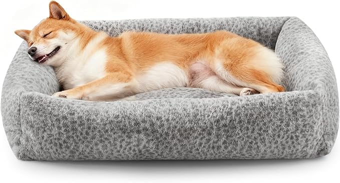 JOEJOY Large Dog Beds Large Sized Dog, Removable Washable Cover Orthopedic Soft Faux Rabbit Fur Pet Bed, Anti-Slip Fluffy Plush Faux Rabbit Fur Puppy Bed, 36"x27"x8", Leopard Print, Grey
