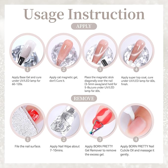 Born Pretty Nude Cat Magnetic Eye Gel Nail Polish 15ML,Jelly Glass Light Brown Crystal Glitter Shimmer Translucent Magnetic Gel Polish with Magnet,Soak Off U V Gels for Women Girl