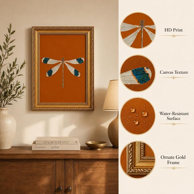 Gold Framed Dragonfly Wall Art,Antique Insect Picture Wall Decor16x12in | Burnt Orange Background Canvas Print Cottagecore For Bedroom, Study,Hallway,Entryway
