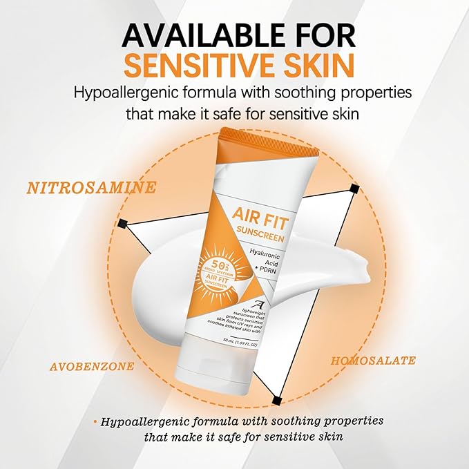 Air Fit Sunscreen Korean SPF 50 - Face & Body Sunscreen with Hyaluronic Acid, Lightweight, Non-Greasy, Moisturizing Sun Cream, Broad Spectrum UVA/UVB Protection (1)