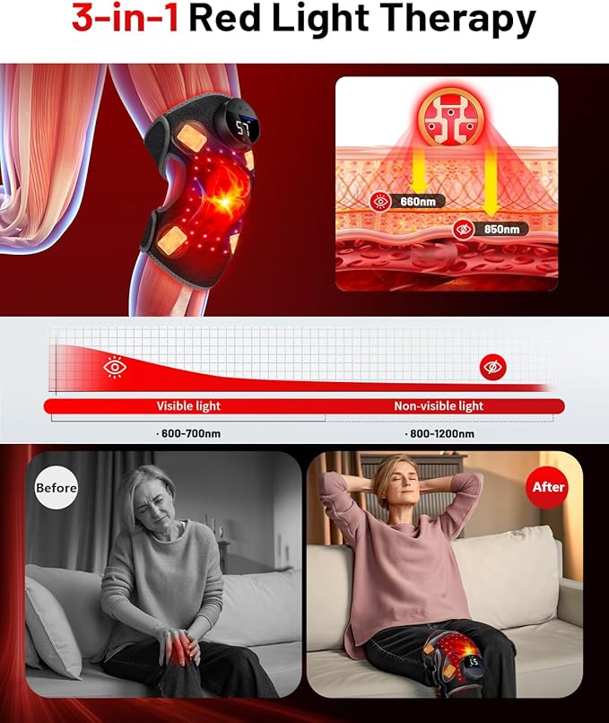 Upgraded PRO Red Light Therapy Knee Brace & 4 Vibration Massage - Rechargeable Controller, 660nm&850nm Red Light Therapy Heated Device for Knee/Elbow/Shoulder