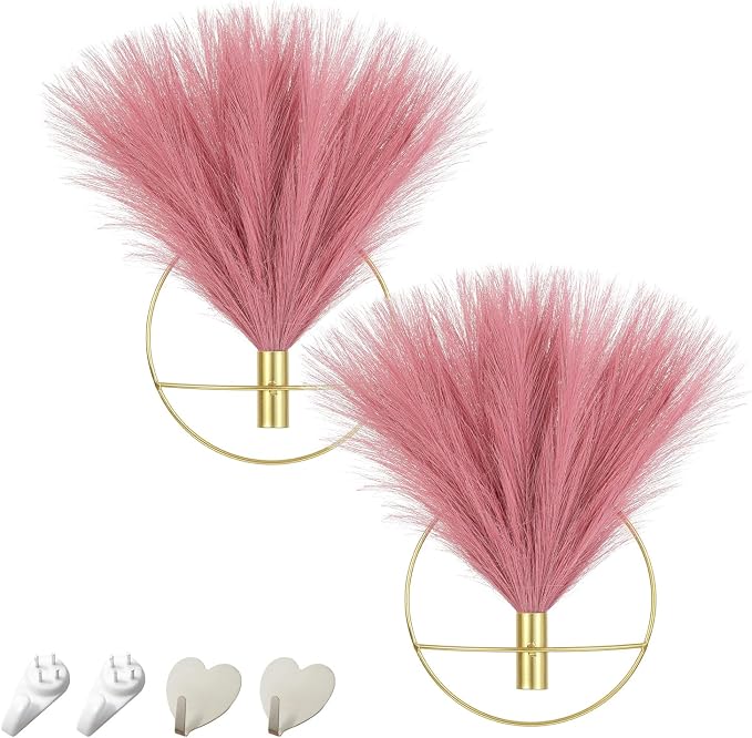 Pretty Jolly Boho Pampas Wall Decor Gold Metal Wall-Mounted Art | Morden Artificial Greenery Display，2 Pack Hanging Planter For Living Room, Bedroom, Bathroom, Dining room