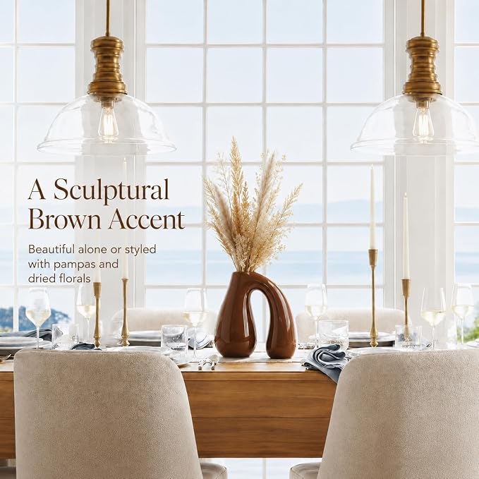 Brown Ceramic Vase for Pampas, Boho Shelf & Table Decor | Holds Dried Stems and Faux Florals - Sculptural Accent for Mantel, Console and Entryway