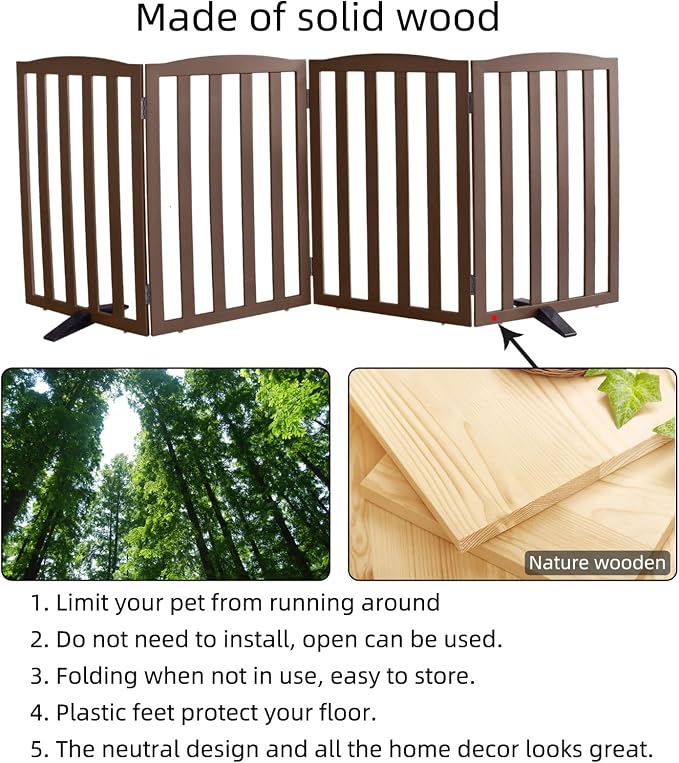 ZJSF Foldable Freestanding Indoor Dog Gate for House Wood Long Pet Gates Dog Fence for Stairs Puppy Gates for Hallways, Puppy Gate,Support Feet Included, Brown, 32 "Height-4 Panels