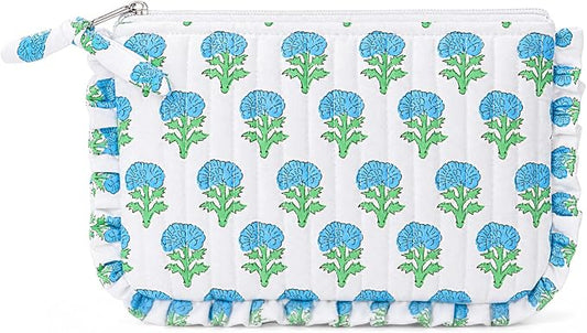 Gilprop Floral Makeup Bag Cute Cosmetic Bags for Women Travel Toiletry Bag with Ruffles Large Capacity Zipper Makeup Pouch Purse Organizer for Girls Brushes Skincare