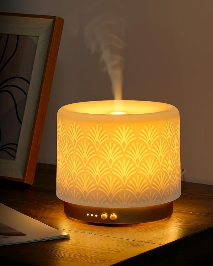 Essential Oil Diffuser - 280ml Ceramic Diffuser for Large Room & Commercial Use, 2.4MHz Aromatherapy Diffuser with Cool Mist Humidifier & Night Light, Ideal for Bedroom, Office, Yoga, Spa, Gifts