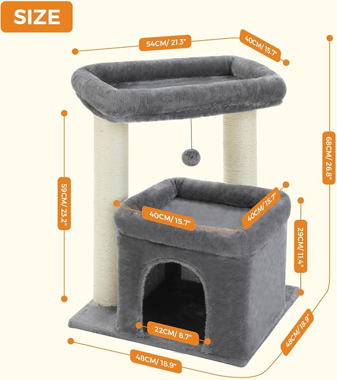 PEQULTI Cat Tree Tower for Large Indoor Cats, Extra Large Perch, Grey | Sisal wrapped scratch posts, oversized resting perch, sturdy cat tower furniture for indoor large cats