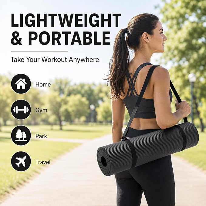 Non Slip Yoga Mat, Extra Thick TPE Exercise Mats for Home Workout with Carrying Strap, Durable Anti-Tear Fitness Mat for Pilates Stretching Gym