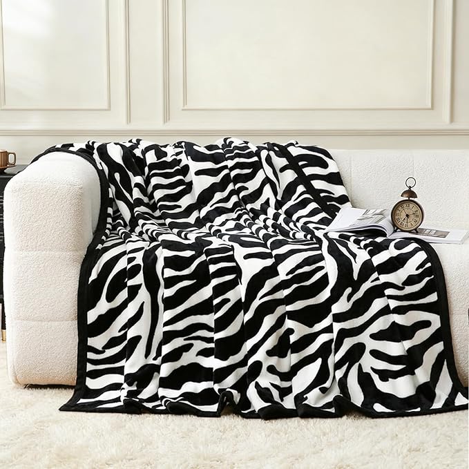 PU MEI Fuzzy Flannel Throw Blanket for Sofa, Couch, Bed, Black and White Zebra Print Blanket Animal - Lightweight Double Sided Cozy Super Soft Blankets, 60" x 80" inches