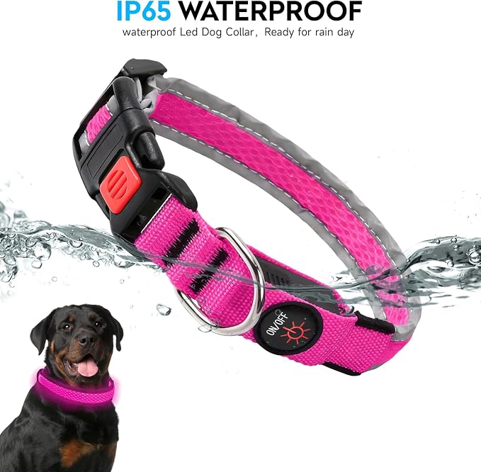 LED Dog Collar, Light Up Dog Collar,for Night Walking(Large,Pink) | Adjustable,Bright RGB 7 Colors Light Glowing Collar,Waterproof,Nylon,Soft,For Medium and Large Dogs,USB C to Charge