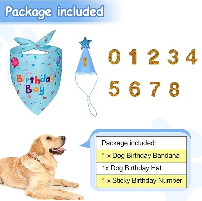 Dog Boy Birthday Party Hat,Dog Birthday Party Supplies,Dog Bandana | Dog Birthday Bandana Set with Numbers for Gaint and Extra Large Dogs (Blue),Dog Birthday Decorations,Dog Birthday Hat