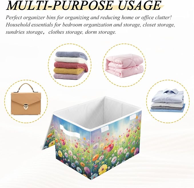 Colorful Flowers Storage Bins with Lids and Carrying Handle,Foldable Storage Boxes Organizer Containers Baskets Cube with Cover for Home Bedroom Closet Office