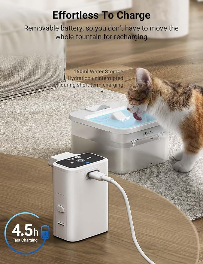 DownyPaws Cat Water Fountain Cordless, Pet Fountain, 84oz/2.5L, White | Wireless Cat Drinking Water Fountains for Cats Indoor, Fursink , Battery Operated, Motion Sensor, Ultra Quiet Pump, BPA-Free
