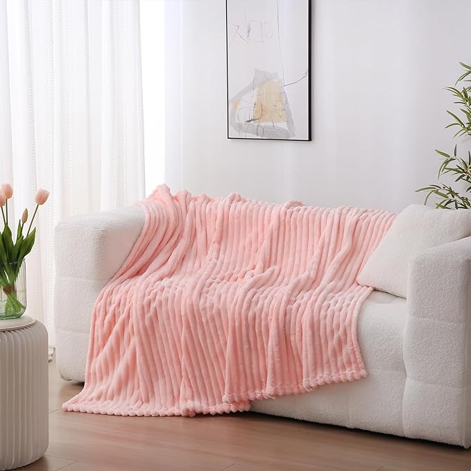 Light Pink Fleece Throw Blanket 50”×70” for Couch Sofa Livingroom | Super Soft Cozy Plush Microfiber Flannel Bed Blanket Striped Design Lightweight Home Decor Gifts for Adults Mom Women