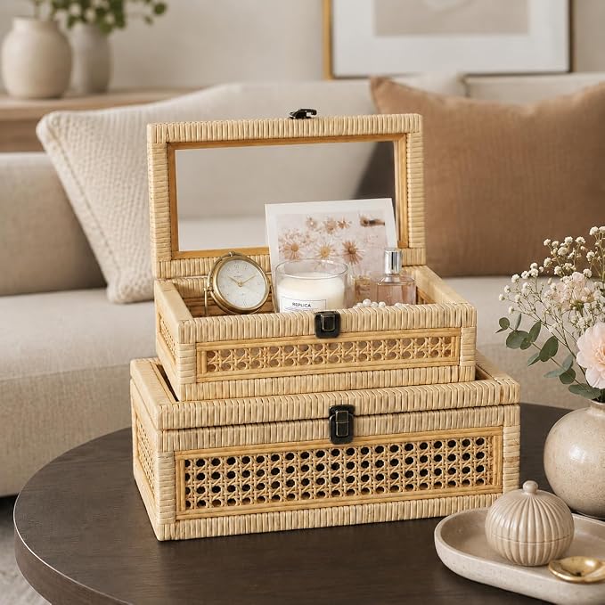 Set of 2 Handwoven Boho Rattan Decorative Boxes with Glass Lid | Wicker Display Boxes for Jewelry, Keepsakes & Home Decor, Stackable Boho Organizer for Coffee Table, Bedroom & Shelf