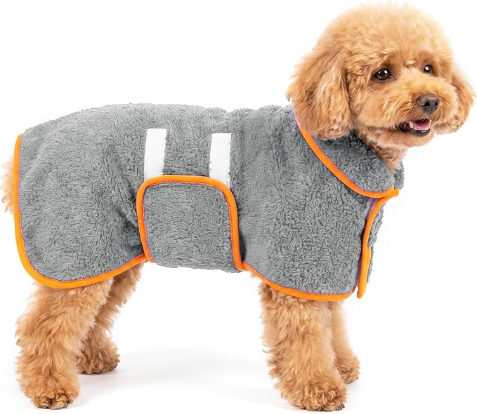 Bienbee Dog Bathrobe, Super Absorbent for Small to Large Dogs, Grey S | Dog Robes with Soft Fleece, Warm & Cozy, Adjustable Fit, and Quick Drying Coat for Baths Swimming and Grooming