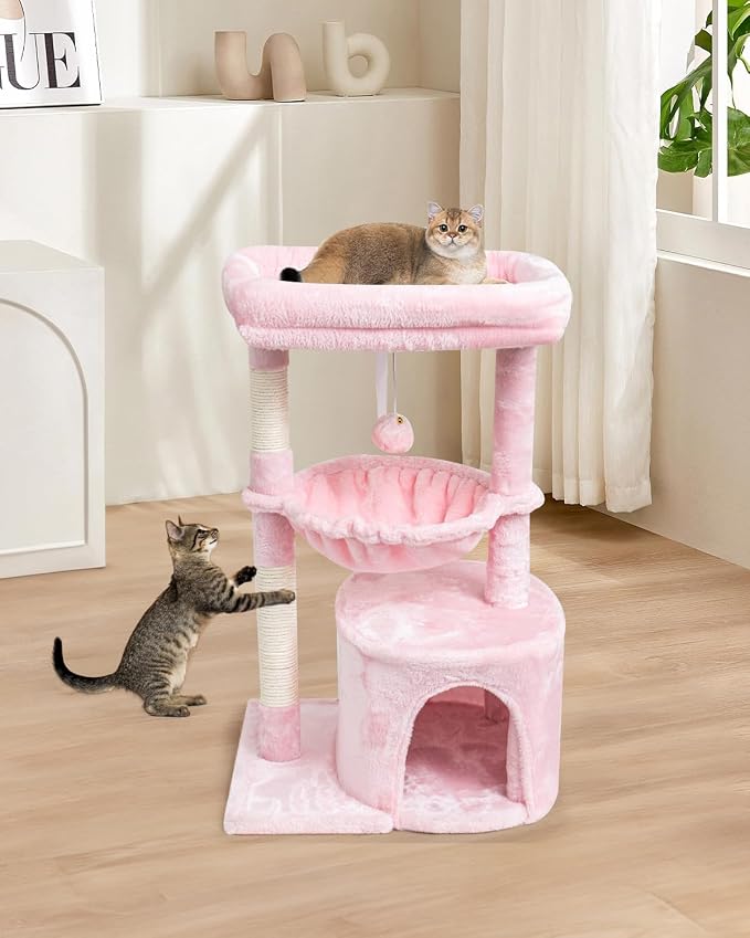SYANDLVY Pink Cat Tree for Indoor Cats, Modern Tower with Scratching Post | Modern Cat House with Padded Perch, Kittens Condo with Cradle, Cat Cave, Pink