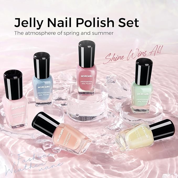 Morovan Jelly Nail Polish Set: Sheer Glass Pastel Macaron Spring Summer Fingernail Polish Kit Quick Air Dry Mini Milky Pink Light Blue Green Nail Polish DIY Manicure Art Salon Gift for Women Girls