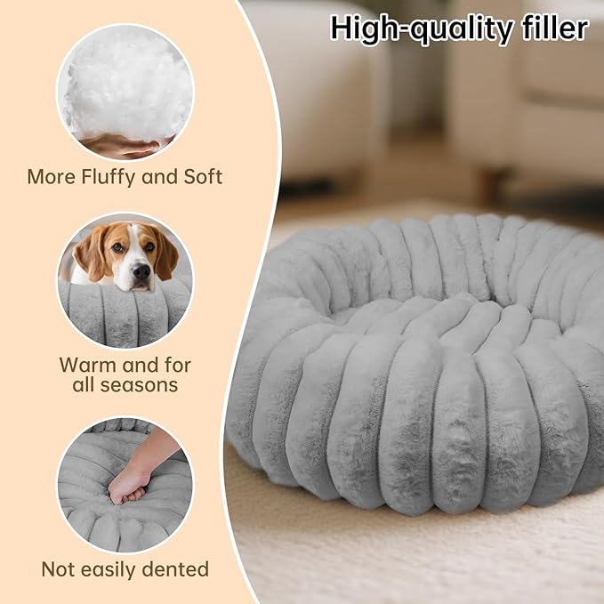 Donut Dog Beds Medium Large Size Dog Washable Pet Bed,31in Grey | Cozy Calming Round Cuddler, Fluffy Faux Rabbit Fur, Non-Slip Bottom, Anti-Anxiety, Circle Bed for Large Pets Up to 40 Lbs