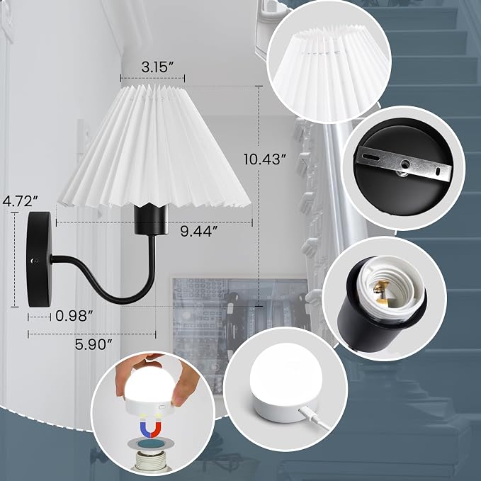 Rechargeable Battery Operated Wall Sconce Sets of 2, 15 Colors Wireless gooseneck Black Wall Lights Fixture with Dimmable Bulbs and Remote, Not Hardwired Wall Mounted Lamps for Bedroom Living Room