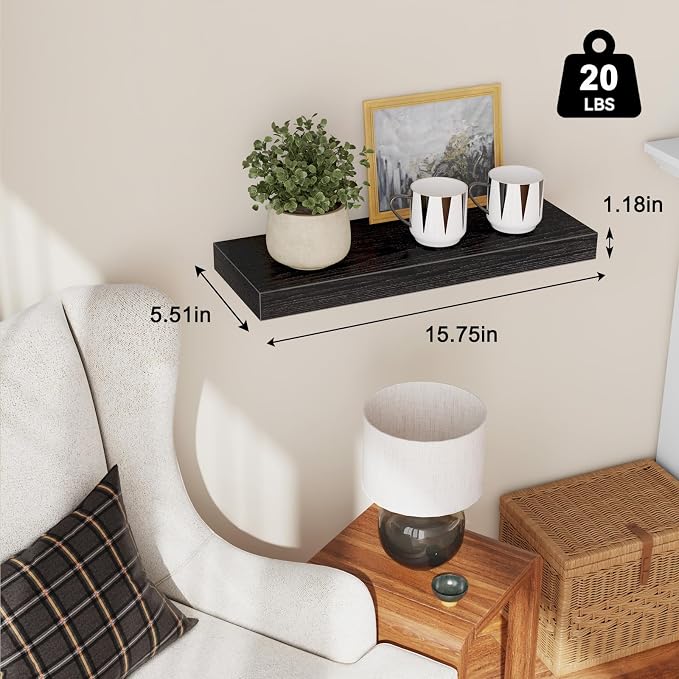 Fixwal Floating Shelves for Wall Decor (Black, Set of 2, 15.7 Inch) | MDF Shelves with Metal Brackets, Space Saving for Books, Decor, Works in Bathroom, Kitchen, Living Room, Bedroom
