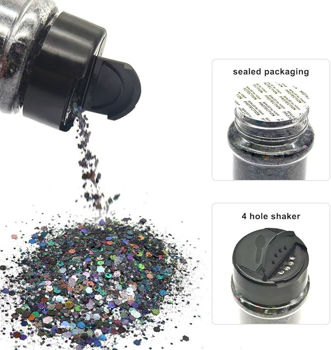 Black - Craft Glitter - 2oz Glitter Shaker Bright Colorful Holographic Mix Chunky Body Glitter Bulk Wholesale 24 Colors in Shaker Cosmetic Glitter - EBLB1000