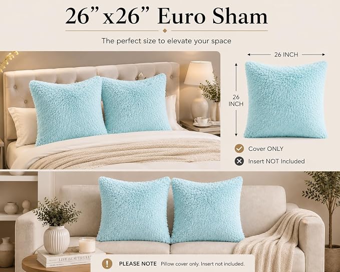 REAFORT Long Hair Faux Fur Euro Sham Cover 26"x26", Hidden Zipper(Aqua) | Ultra-soft plush faux fur with a hidden zipper adds luxurious comfort and is machine washable for easy care.