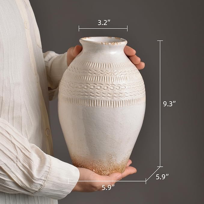 9.3 Inch Ceramic Rustic Flower Vase, White Boho Framhouse Vases Home Decor