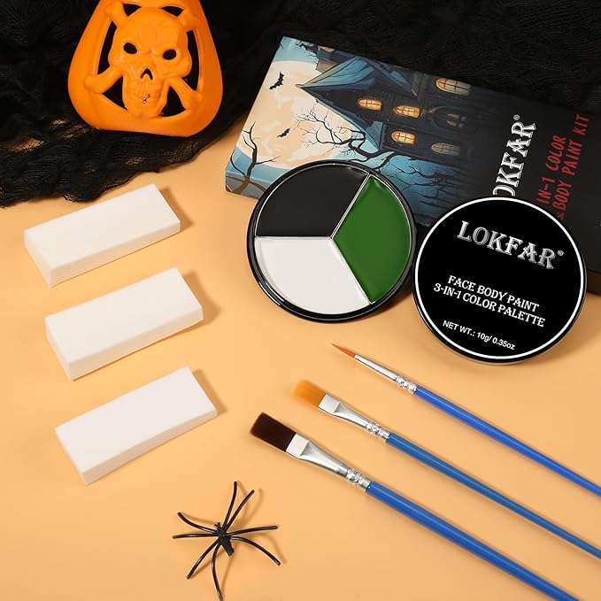 Black White Green Face & Body Paint - Blendable Facepaint Foundation with Sponge & Brush for Skin, Professional Halloween Face Make-up Kit for Grinch Shrek Alien Frankenstein Wicked Witch Costume