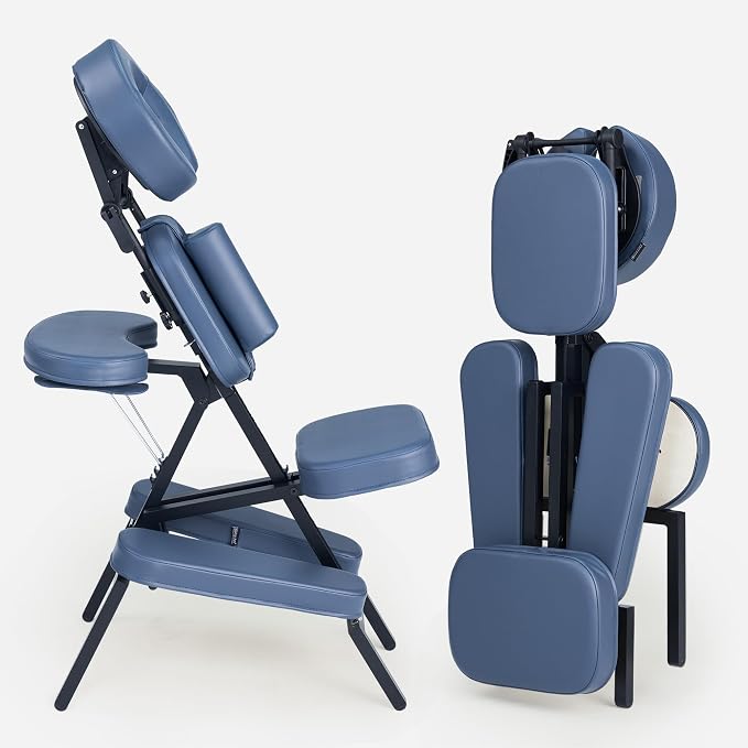 Professional Portable and Lightweight Tattoo/Massage Chair by Master Massage - Folding Aluminum Frame with Adjustable Features and Wheeled Carrying Case, Blue