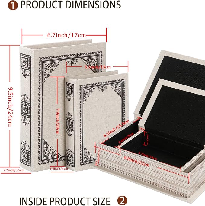 Decorative Wooden Book Box Set of 2 - Vintage Faux Book Boxes for Home Decor, Secret Storage with Magnetic Closure, Antique Style, Linen Cover Design, Perfect for Home Office Bookshelf