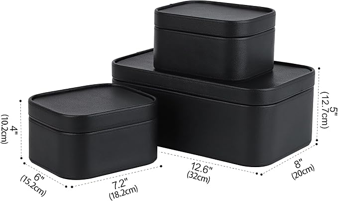 HofferRuffer Faux Leather Decorative Storage Boxes, Dust proof Storage Shelf Baskets with Lids Trays, Storage Bins Memory Box Organizer for Home, Office, Jewelry & More, Set of 3 (Black)